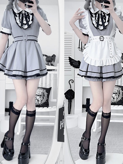 Peter Pan Collar Top with Shorts Gray and White Stripes Maid Jirai Kei Set