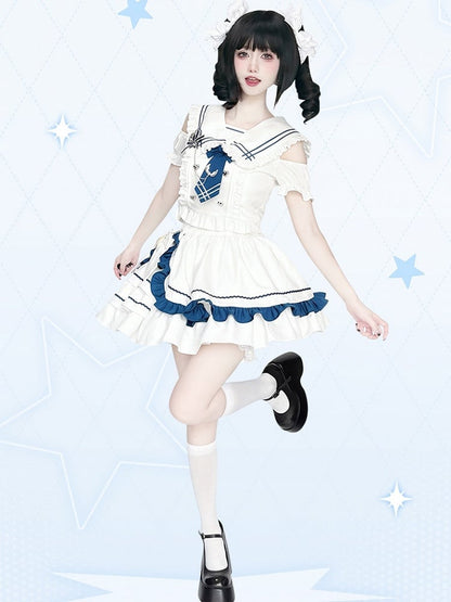 Sailor Collar Cutout Shoulder Top with Tiered Skirt White and Blue Preppy Style Idol Full Set