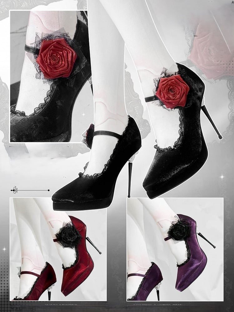 Black Gothic Floral Decorated Pointed Toe Satin High Heels