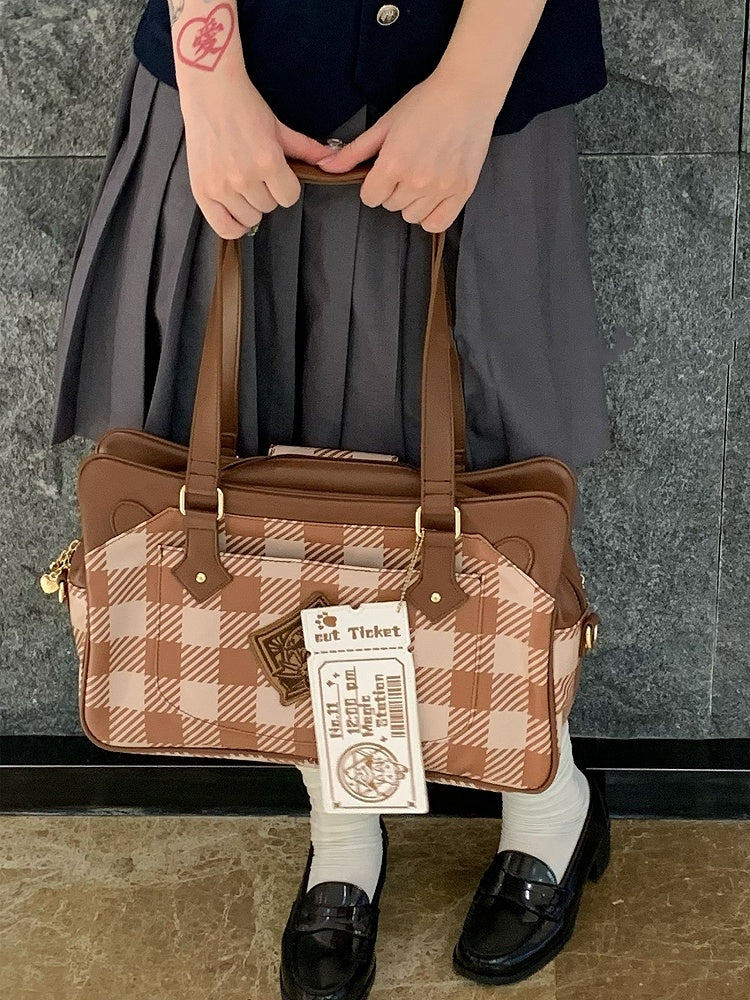 Plaid Pattern Large Capacity Brown Ita Tote Bag