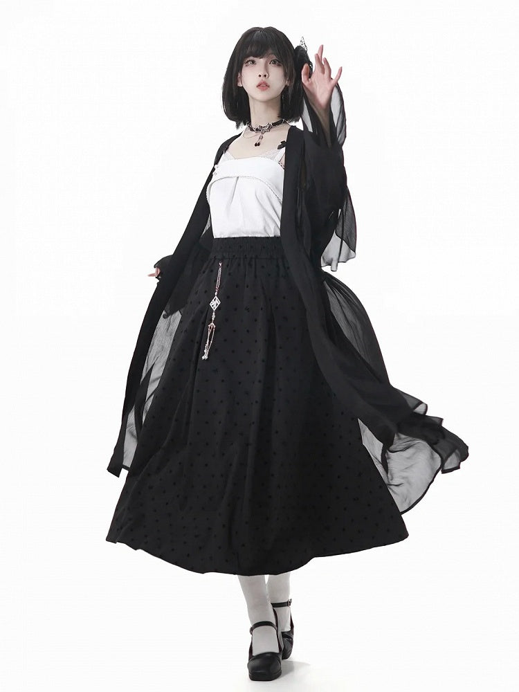 Black Elastic Waist Cheongsam Style Polka-dot Skirt with Tassel Charm