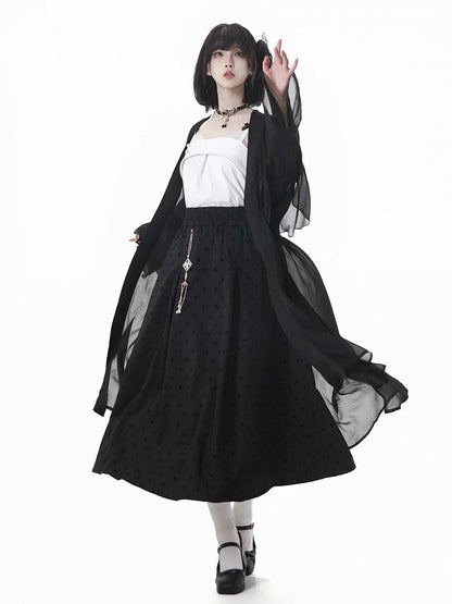 Black Elastic Waist Cheongsam Style Polka-dot Skirt with Tassel Charm