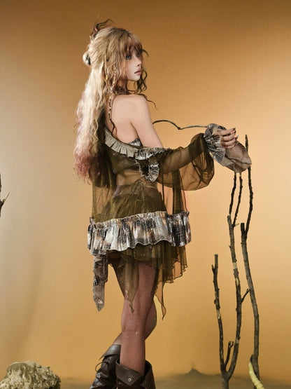 Dark Brown Wasteland Punk V-neck Semi-sheer Cutout Shoulder Design Long Sleeves Top