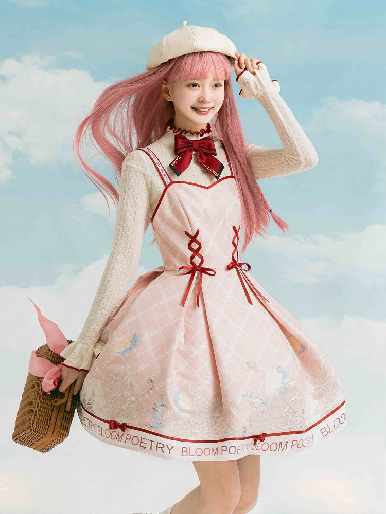 Aprioct Ruffle Neckline Long Sleeves Top with Red Bowknot