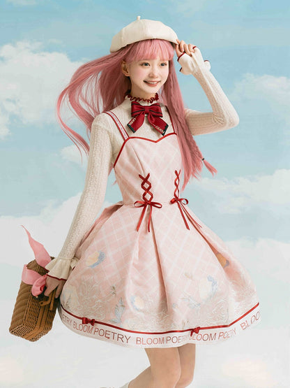 Aprioct Ruffle Neckline Long Sleeves Top with Red Bowknot