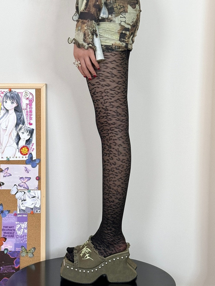 Black Y2K Leopard Pattern Tights