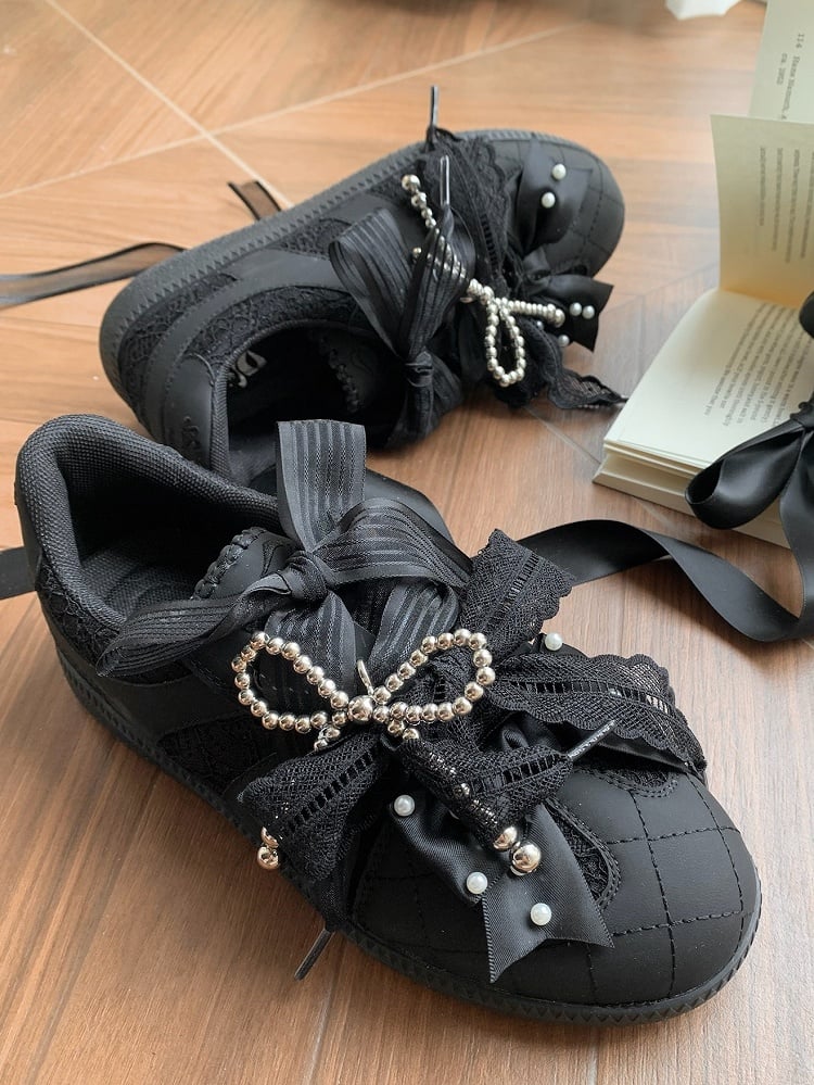 Black Beaded Decorated Bow at Top Lace Front Lace-up Ties Sneakers