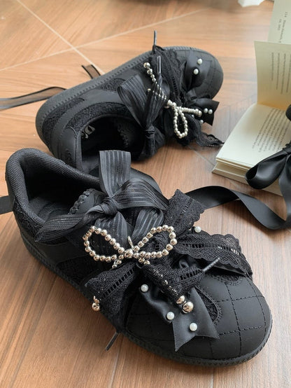 Black Beaded Decorated Bow at Top Lace Front Lace-up Ties Sneakers