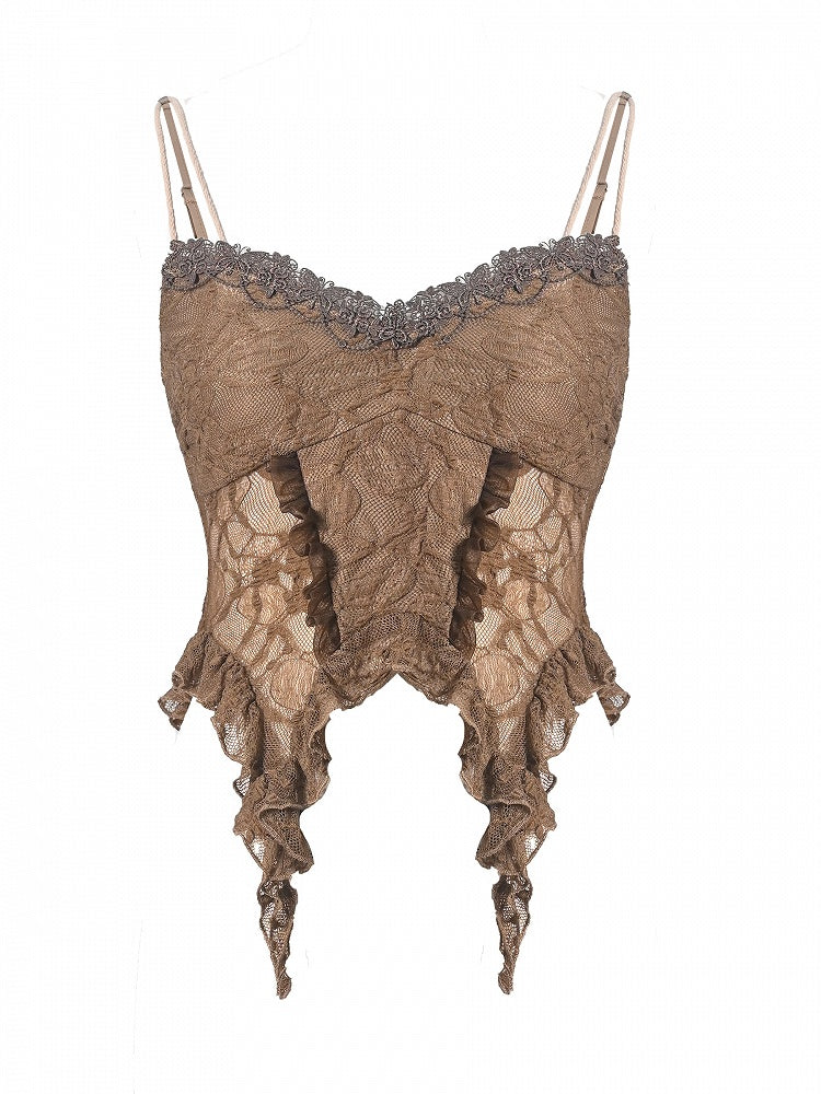 Summer Essential Lace Vintage-Inspired Spaghetti Strap Brown Top for Women