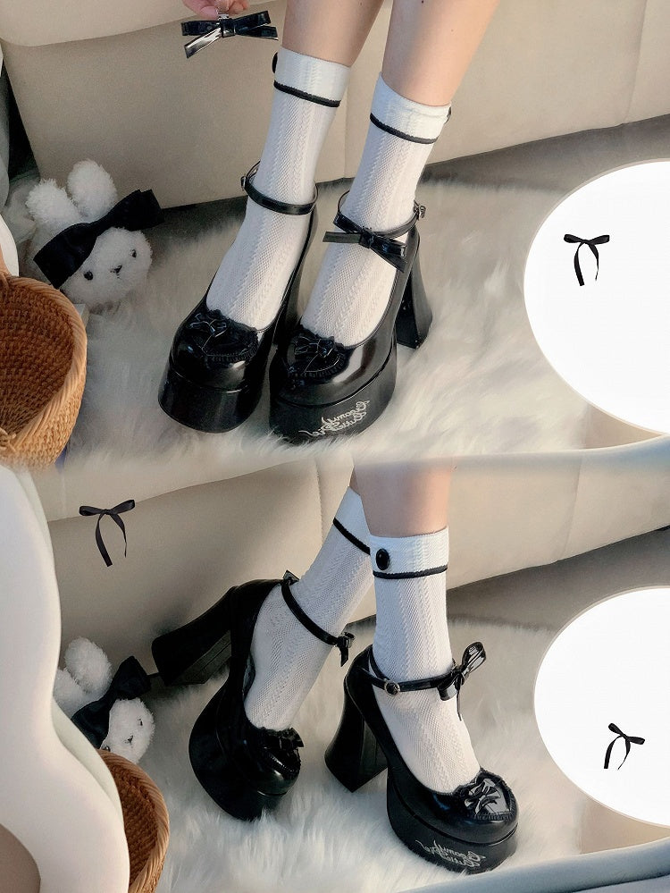 Bow Accents Heart Design Black Platform Block High Heels