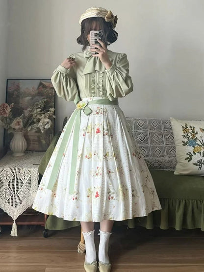 White Elegant Classic Lolita Skirt with Hawthorn and Bird Print and Green Belt
