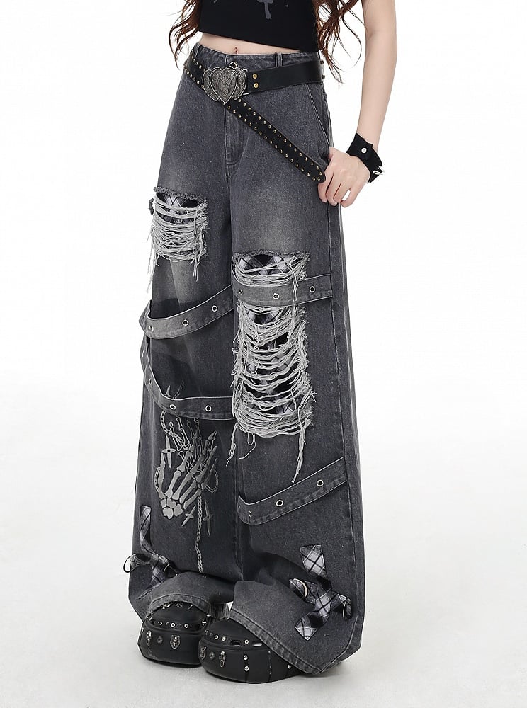 Grey/Red Plaid Faded Wash Distressed Holes Vintage Punk Wide-leg Jeans