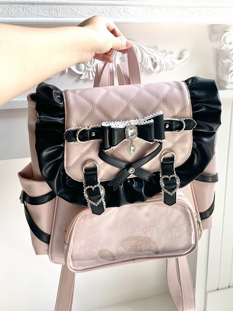 Jirai Kei Black / Black & Pink PU Backpack with Glitter Bow & Rhinestone Decor