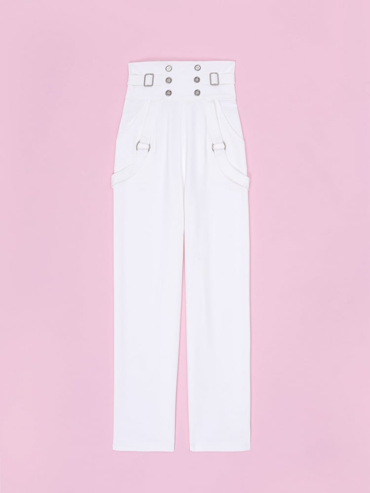 Buttons and Buckles High Waist White Ouji Fashion Pants