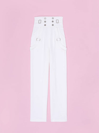 Buttons and Buckles High Waist White Ouji Fashion Pants