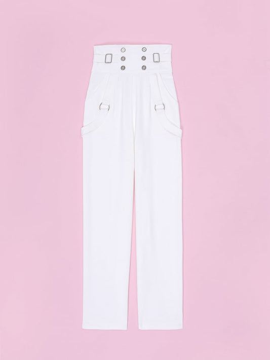 Buttons and Buckles High Waist White Ouji Fashion Pants