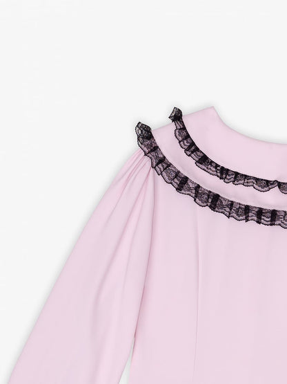 Pink Sweetheart Jirai Kei Blouse with Black Lace Trim and Free Bowtie