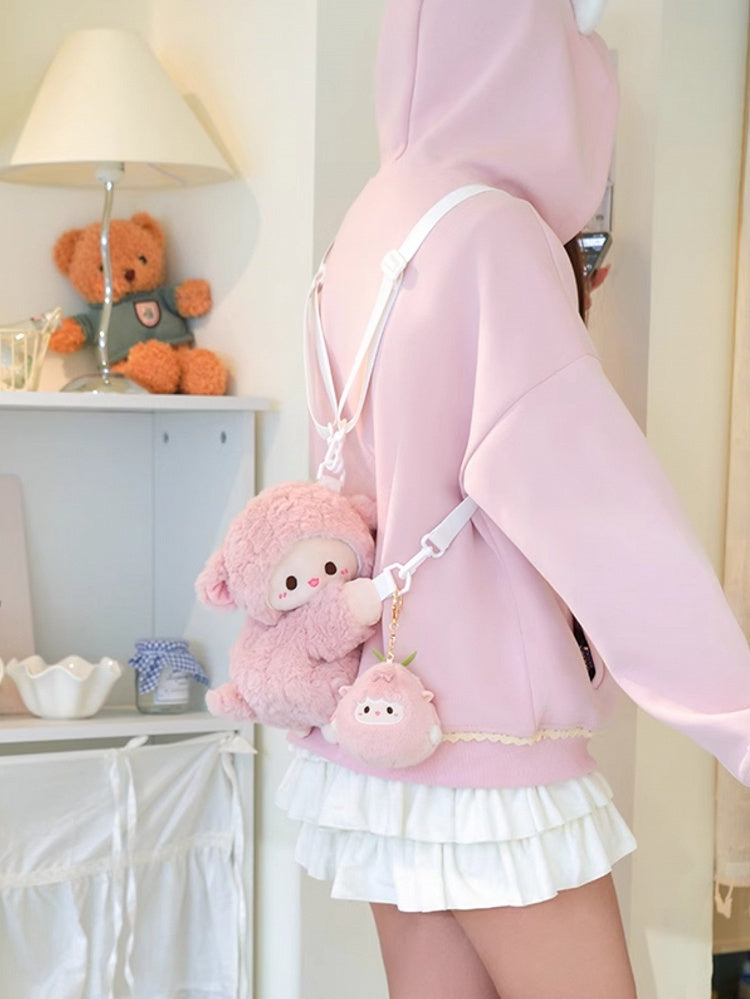 Cute Little Lamb Pink Plush Backpack/Crossbody Bag + Keychain
