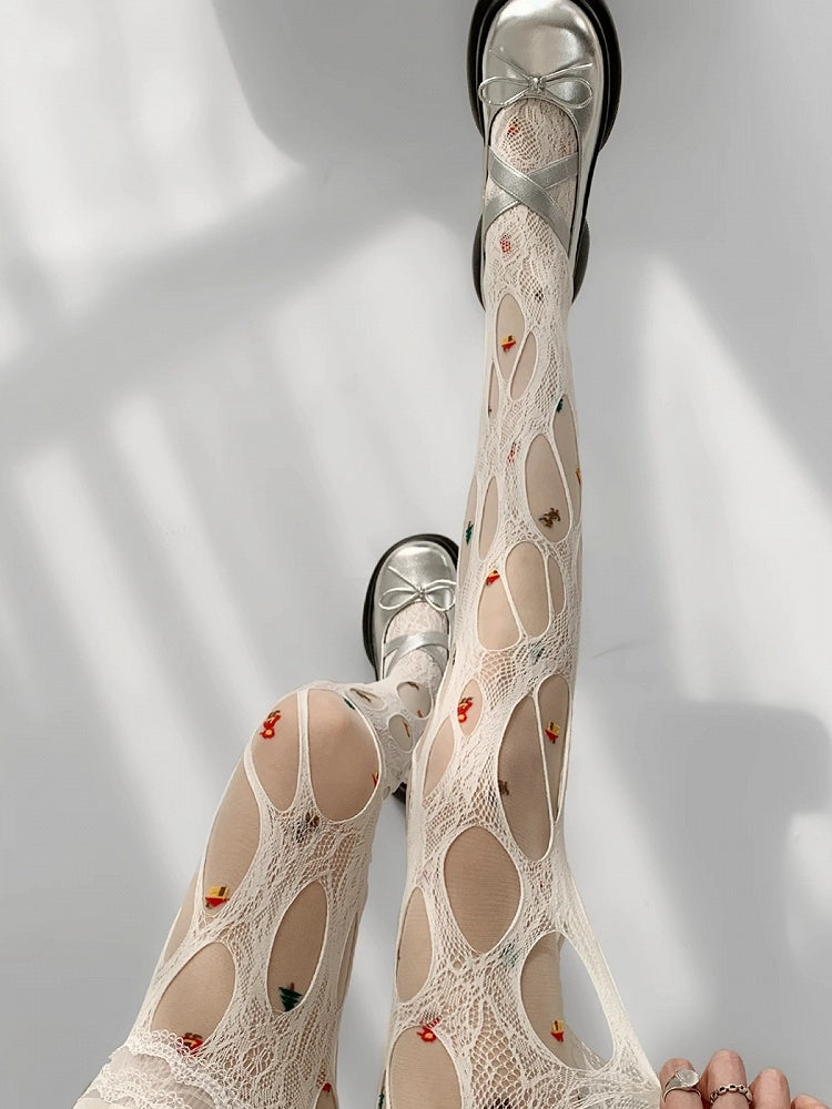 Gray/White/Brown/Black Y2K Asymmetrical Design Cut-out Details Tights