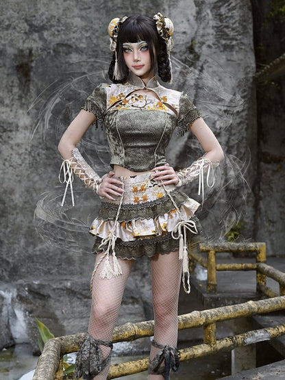 Clearance-Size L for Bust 88-94CM Dusty Green Cheongsam Style Collar Goth Top Bead Tassel Cuffs