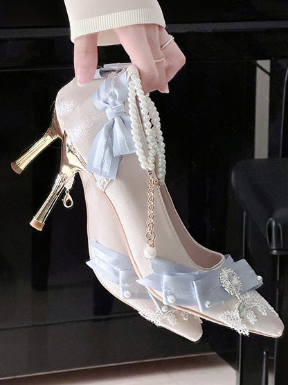 Beige & Blue Rhinestone Bowknot Lace Decorated 5CM/8CM Hime Lolita High Heels