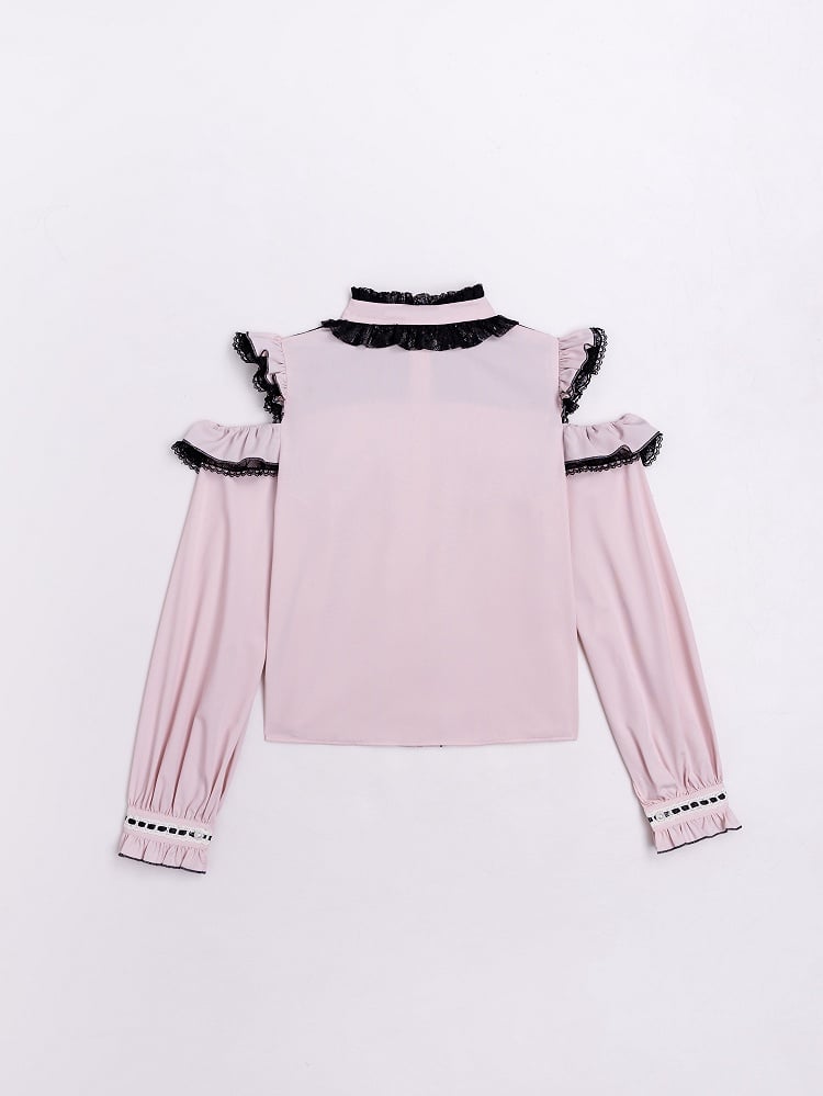 Open Shoulders and Illusion Neckline Jirai Kei Long Sleeves Pink Blouse