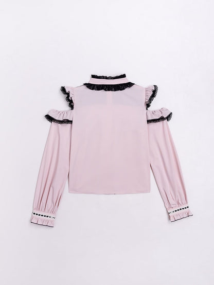 Open Shoulders and Illusion Neckline Jirai Kei Long Sleeves Pink Blouse