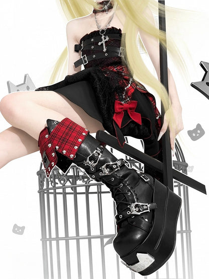 Red Plaid Fold-over Trim Kitty Buckle Straps Harajuku Punk Platform Boots