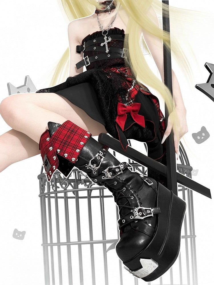 Red Plaid Fold-over Trim Kitty Buckle Straps Harajuku Punk Platform Boots