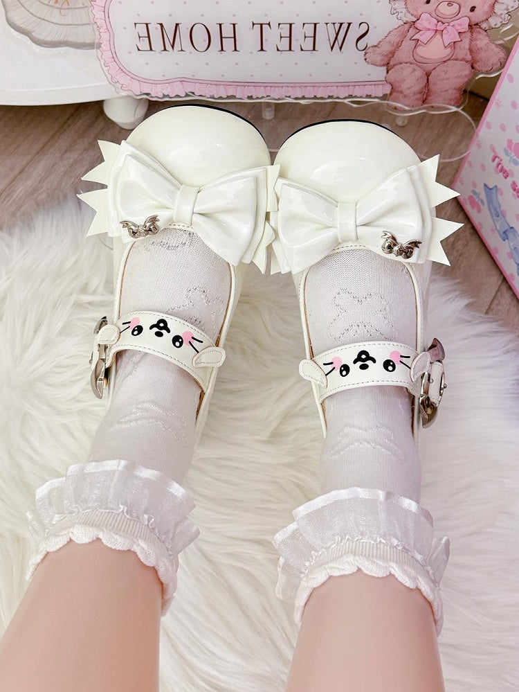 White Sweet Lolita Mid-heel Mary Janes with Puppy Details & Top Bow
