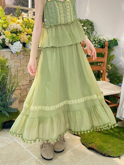 Mori Kei Green Pompon Tassel Hem Lace Trim A-line Skirt