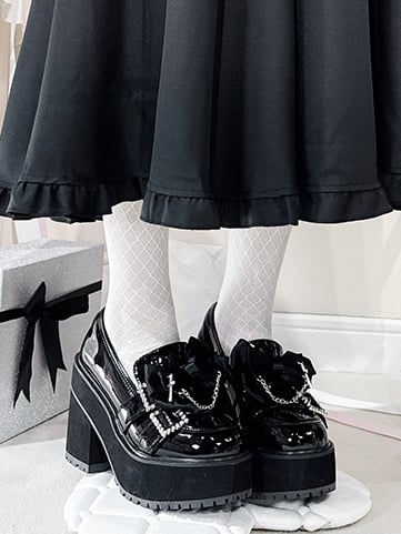 Polished Black Jirai Kei Cross Chain Decorated Bow Rhinestoned Buckles Platform Loafers
