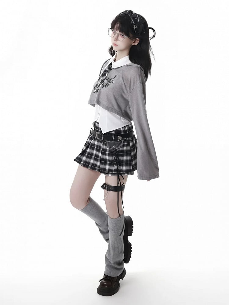 Y2K Lace-up Detail Black & White/ Khaki Plaid Skort with Buckle Belt and Chain