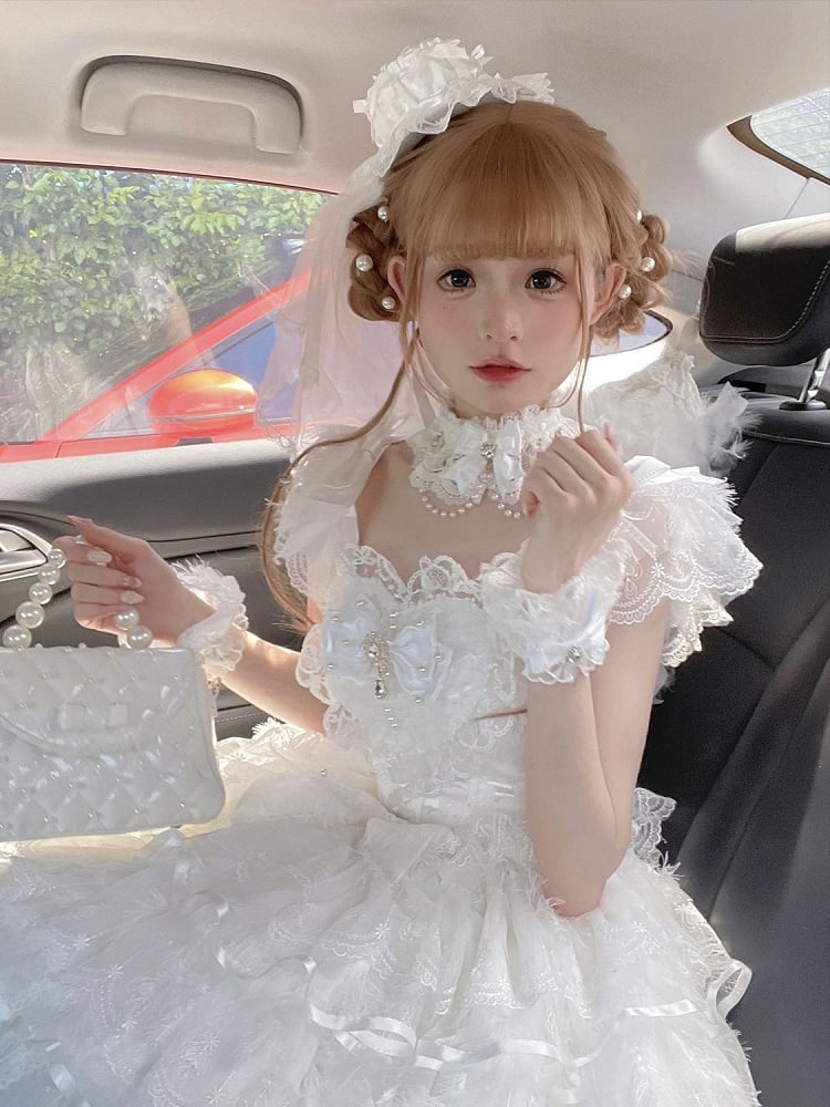 Angel White Butterfly Fabric Bodice Hanayome Tiered Skirt Lolita Hime Dress