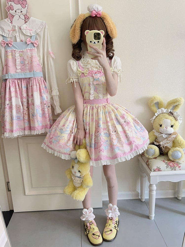 Teddy Print Yellow Sweet Lolita Overall Dress