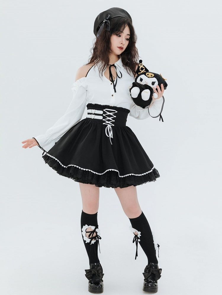 Jirai Kei Buckles and Lace-up High Waist Black Skirt US Size