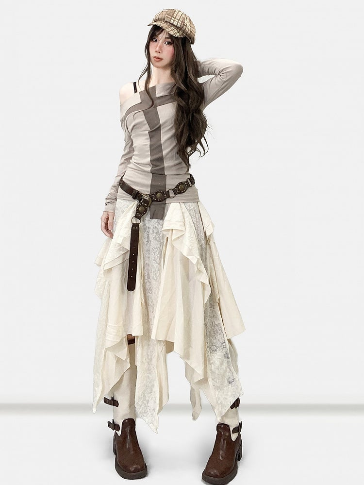 Apricot Cross Design Asymmetrical Neckline Long Sleeves Top