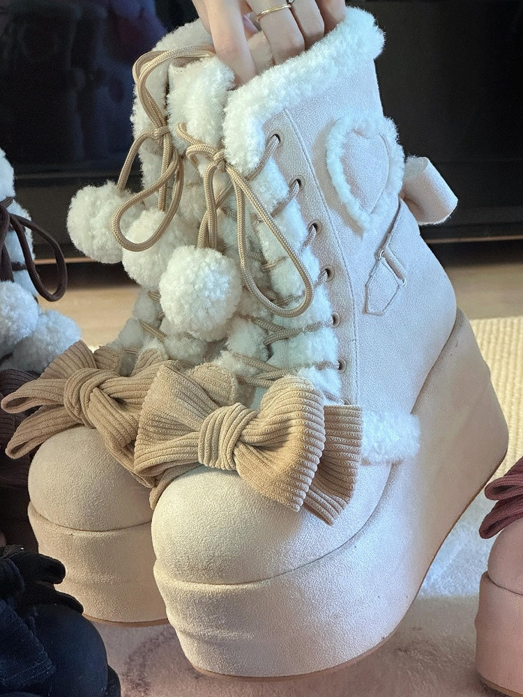 Sweet Apricot Winter Boots for Lolita - 6cm/8.5cm Platform Sole with Heart Applique & Pompom Charm Tie Decor