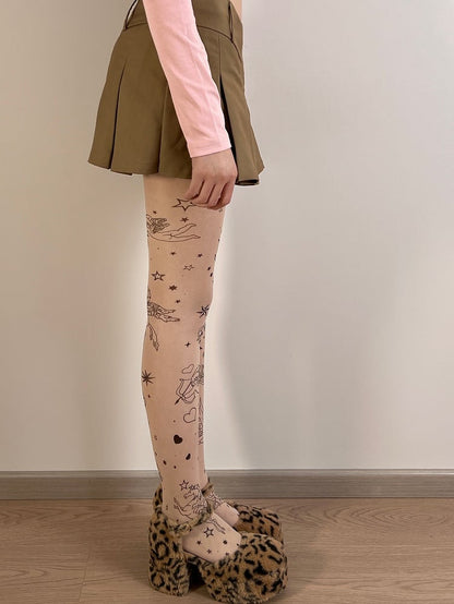 Nude Cupid Print Tights