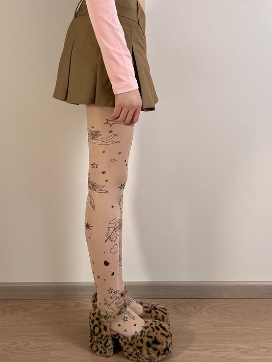 Nude Cupid Print Tights