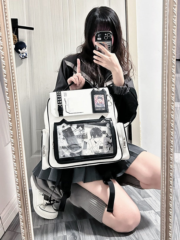 White Cute Kitty Ear Design PU Ita Backpack with Card Holder Charm