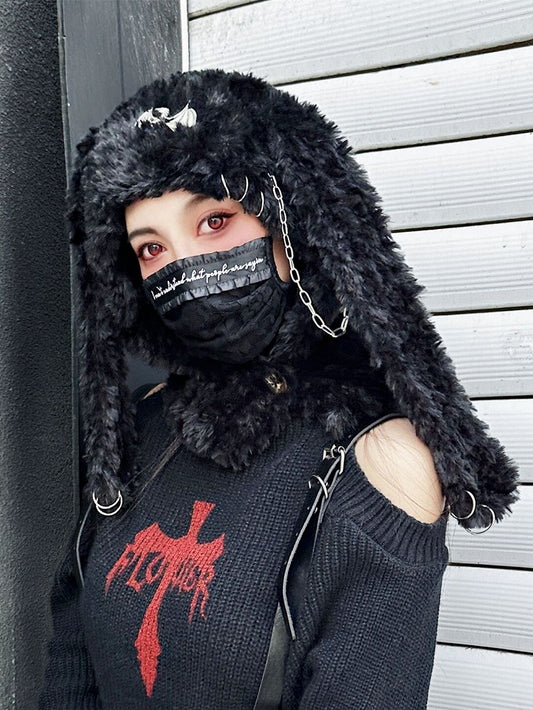 Punk Chains Black Rabbit Ears Plush Hat