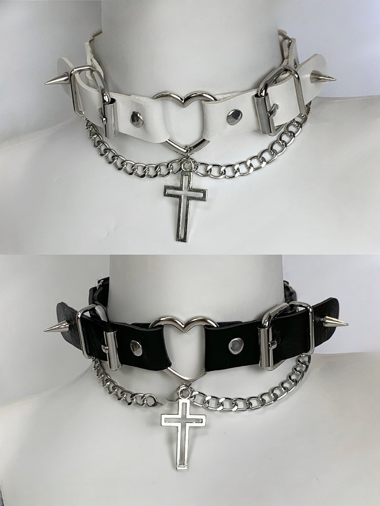 Black/White Punk Cross Pendant Studs Details Buckles Design Choker