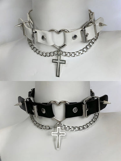Black/White Punk Cross Pendant Studs Details Buckles Design Choker
