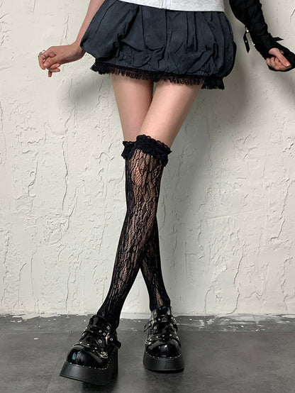 Black Gyaru Fashion Hollow-out Design Ruffled Cuff Overknee Stockings