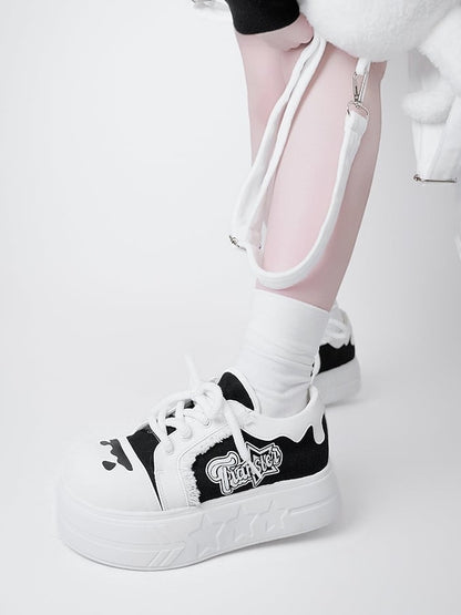 Black & White Otaku-Kwaii Platform Shoes - Lace-Up Design with Letter Print & Raw Edge Trim