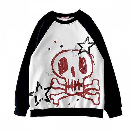 Skull and Stars Print Black and White Sweatshirt