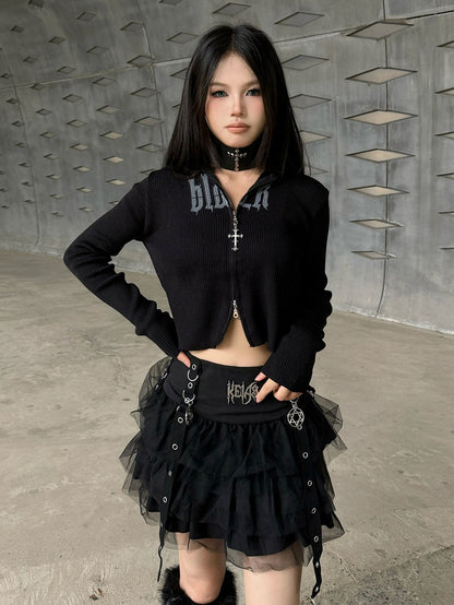 Black Punk Rock Zip Closure Knit Hooded Top