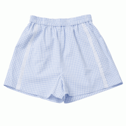 Blue Plaid Elastic Waist Shorts