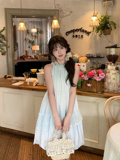 Light Blue Ruffled Halter Neck Bead Buttons Sleeveless Dress Bubble Skirt